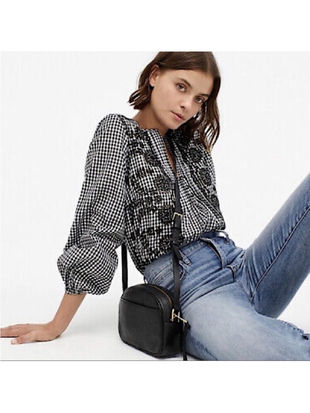 J. Crew Embroidered Gingham Popover Blouse, Size S